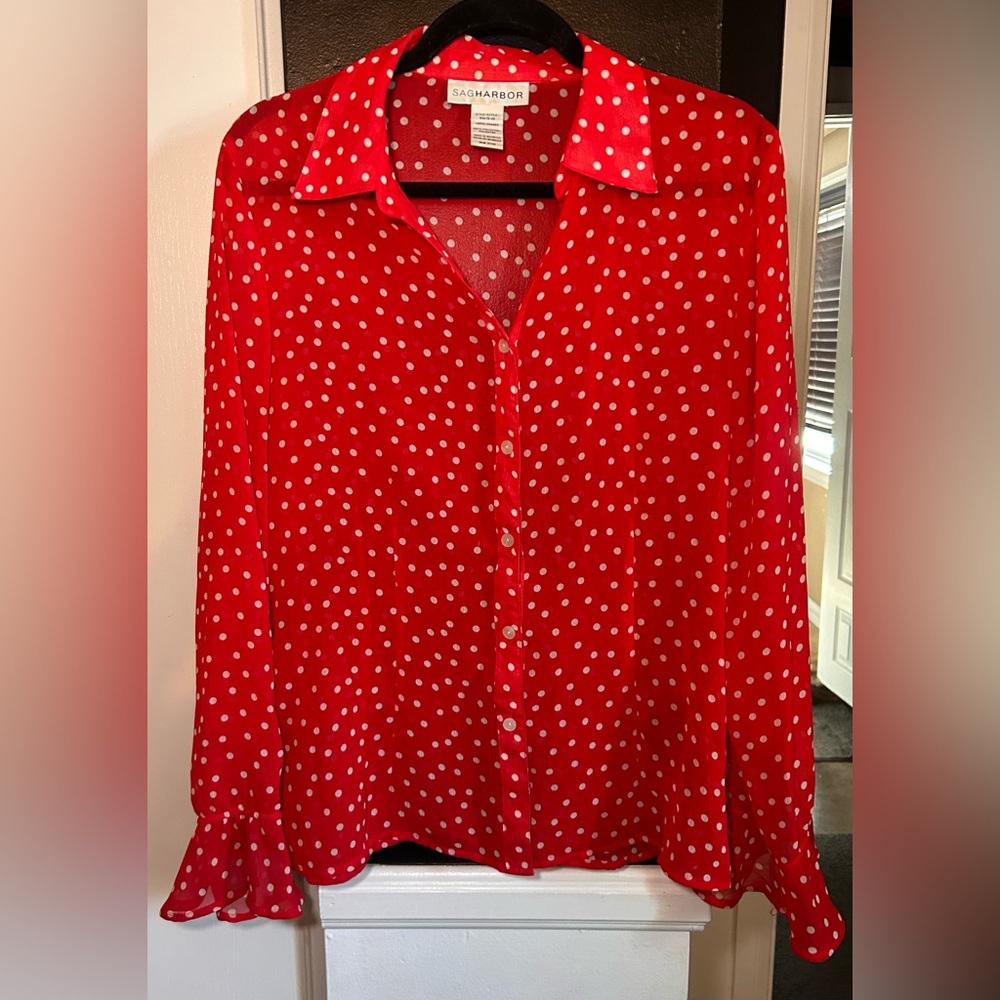Sag Harbor Red Polka Dot Blouse flounce sleeves cute for valentines